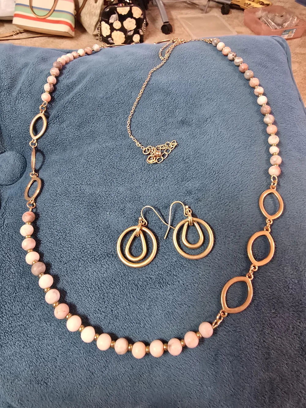 Gold-Tone Pink Beaded Necklace and Hoop Earrings Set